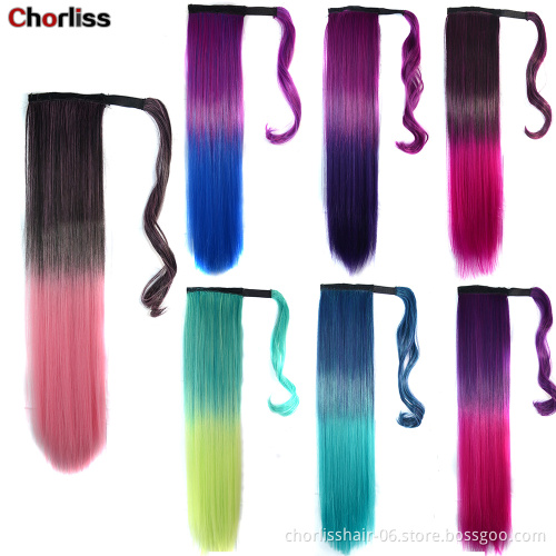 Wholesale ombre Long Straight Clip in Wrap Around ponytail Green Hair Extensions Synthetic Fiber Hairpiece Ponytail for Woman